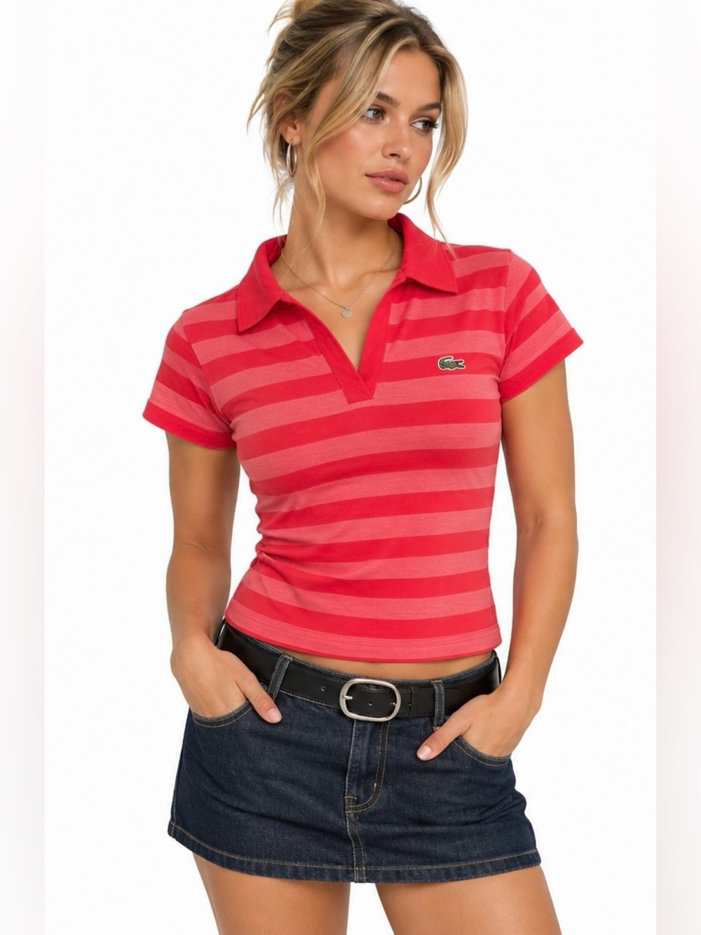 Vintage Lacoste Chemise Red Pink Striped Polo Shirt Crocodile Logo L
